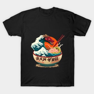 Ramen of Kanagawa monster dragon in sea front of sun T-Shirt